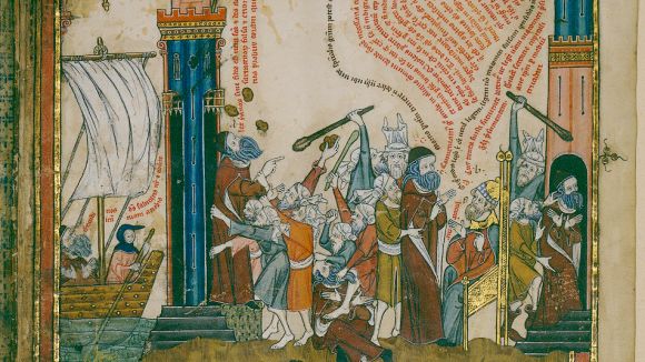Ramon Llull, agredit a la ciutat Bejaa, en imatges de la biografia de Llull del Codex St Peter Perg / Foto: Anyllull.cat