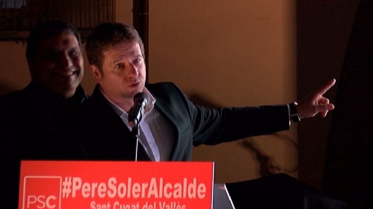 L'alcaldable socialista Pere Soler durant l'acte preelectoral / Foto: Cugat.cat