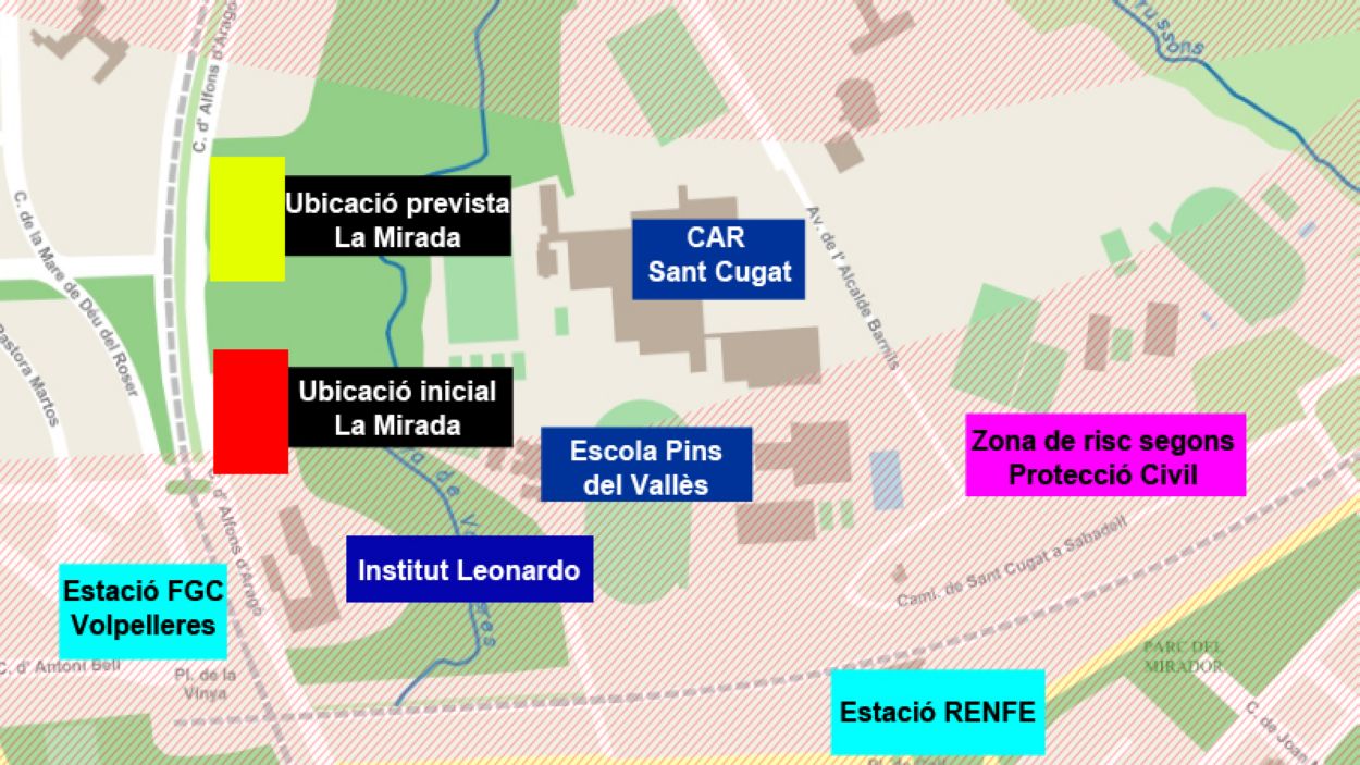 Mapa de la ubicació actual i original de La Mirada / Foto: Cugat Mèdia