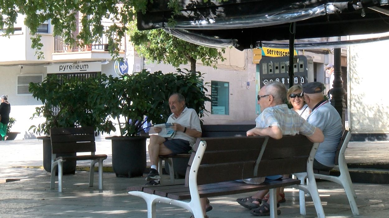 Un grup de persones a l'ombra, a la plaça d'Octavià / Foto: Cugat Mèdia