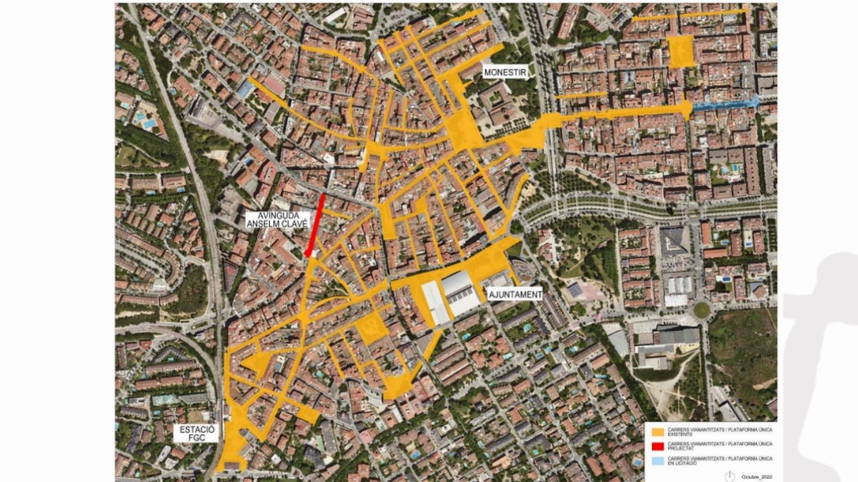 Mapa dels carrers vianantitzats actuals (en groc) i els futurs: Anselm Clav (vermell) i avinguda Cerdanyola (blau)