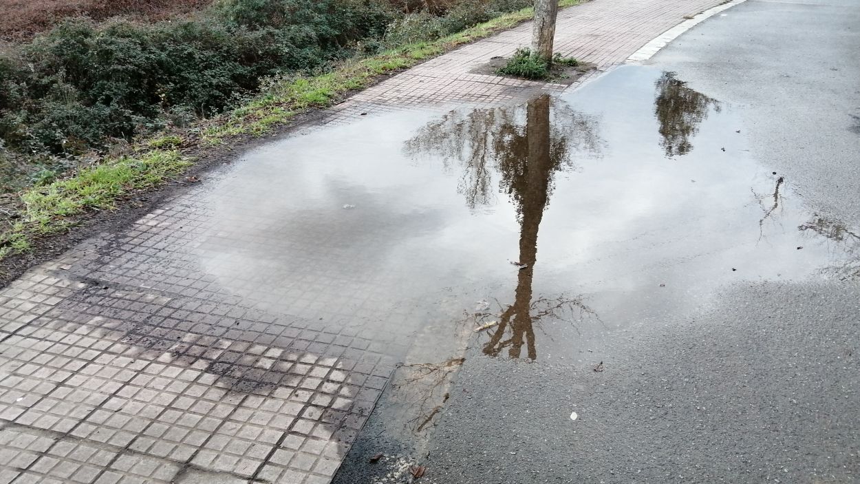 La vorera de la rotonda del col·legi Europa anegada després d'un dia de pluja
