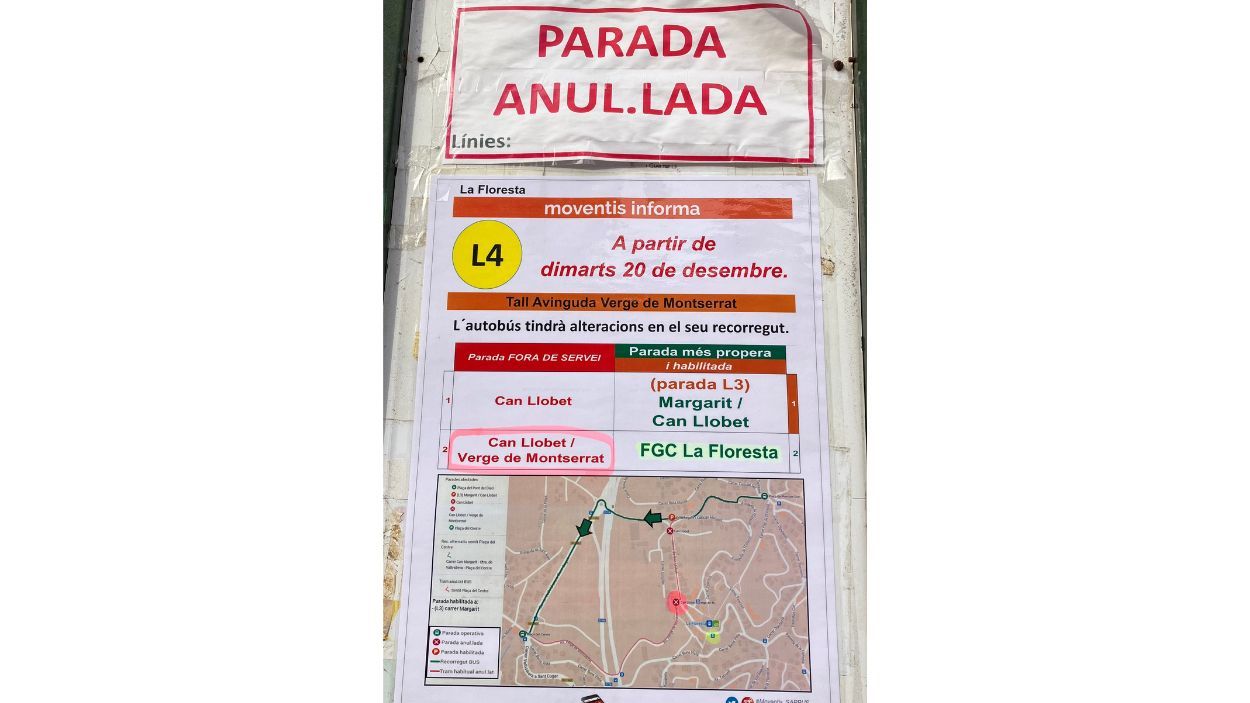 Imatge d'un cartell a la parada de bus anul·lada / Foto: Cedida