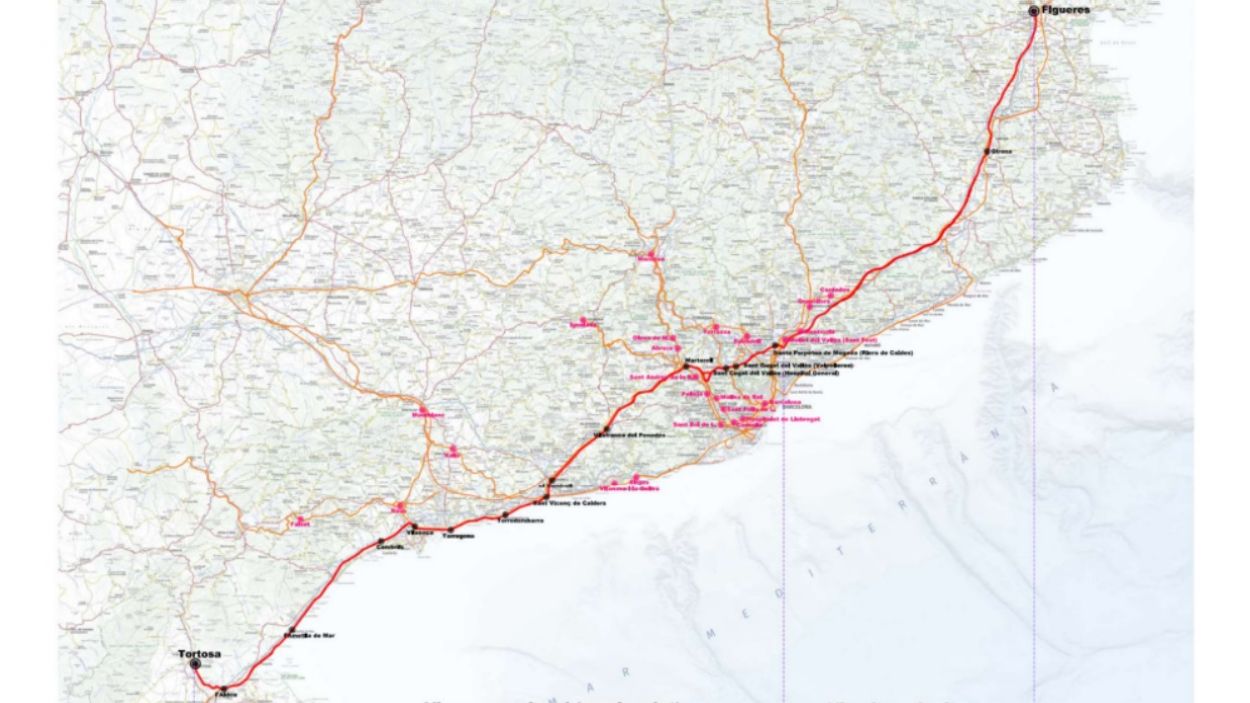 Mapa de la proposta de femValls de fer un regional que vagi directe de Figueres a Tortosa passant per Sant Cugat / Foto: femValls