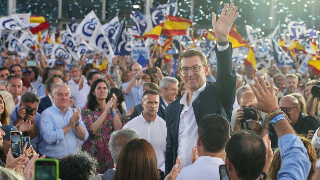 El líder del PP, Albert Núñez Feijóo, en un acte de campanya