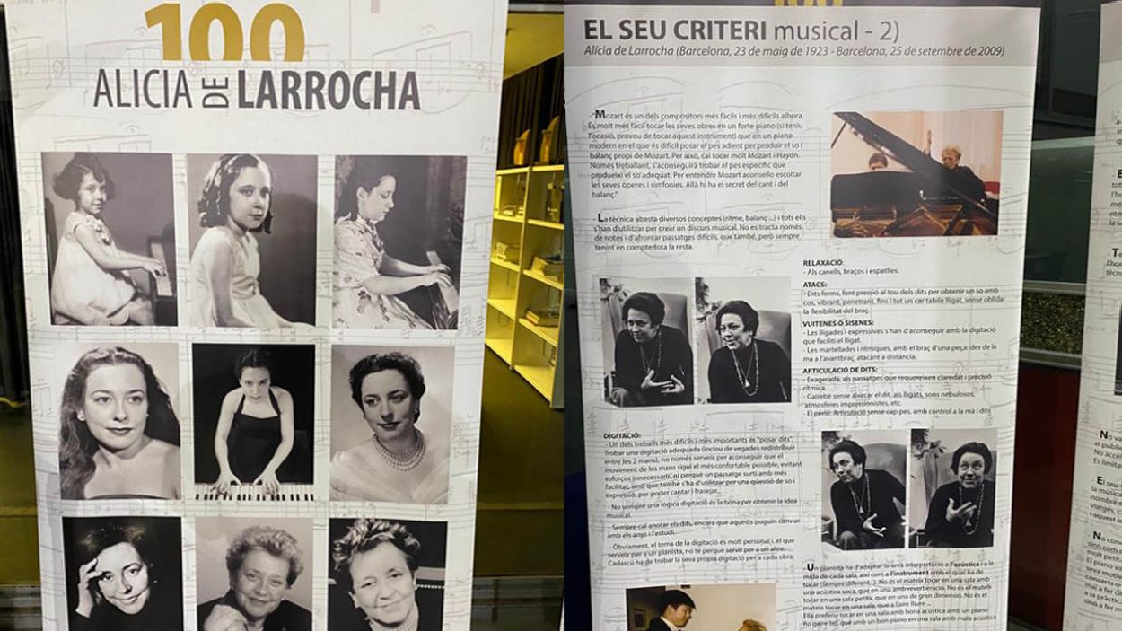 Alguns dels panells dedicats a la vida i trajectòria musical d'Alicia de Larrocha que es poden veure al vestíbul de l'Escola de Música/Foto: Xavier Blanch
