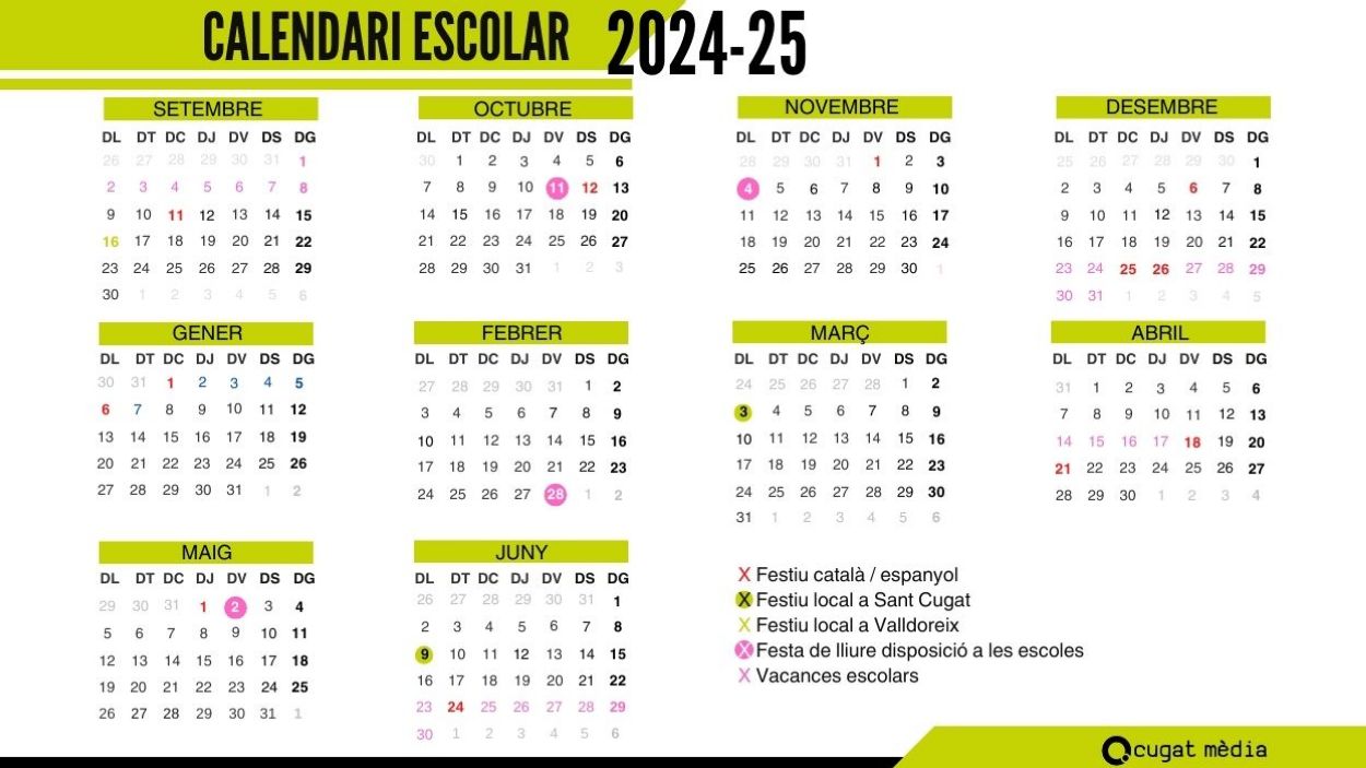 Aquest s el calendari escolar 2024-25 amb els festius i lliure disposici de Sant Cugat