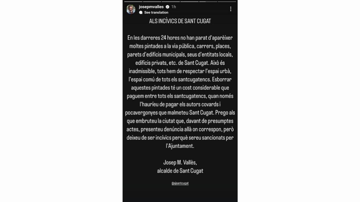 Comunicat de l'alcalde a travs d'un story d'Instagram
