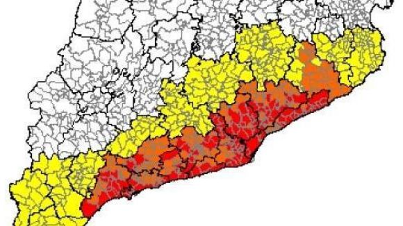 Mapa de risc per municipis de les 20h a les 02h / Font: Protecci Civil Generalitat